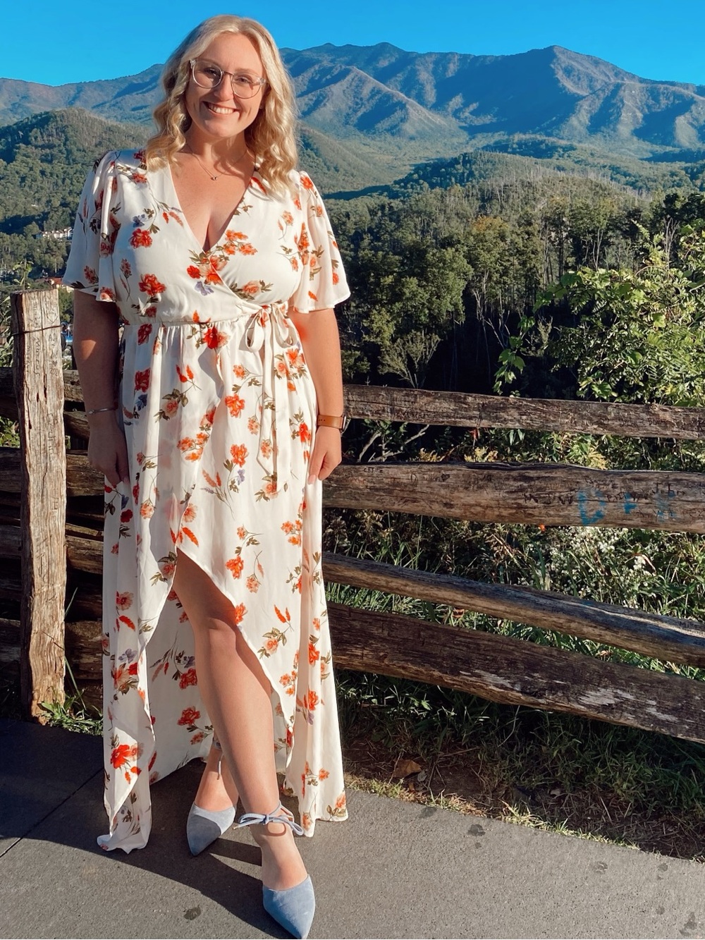 Floral High-Low Wrap Dress in Cream with Red & Green Floral Print